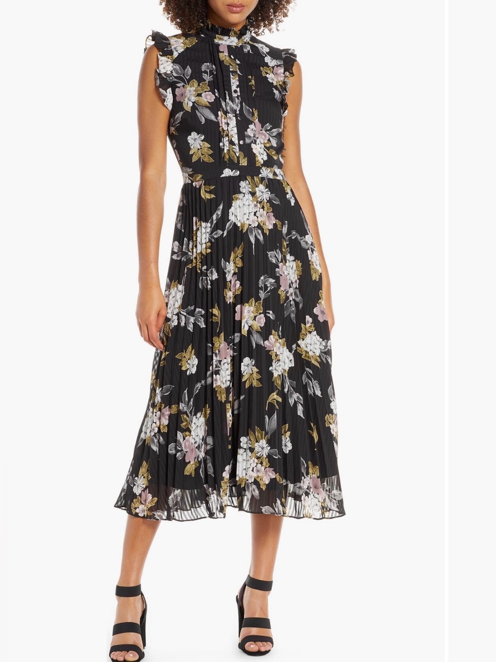 Chelsea28 - Black Floral Pleated Midi Dress - Sleeveless Ruffle Neck - Size M